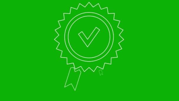 品質マークのアニメーションされた白い線形シンボル 品質サイン 承認またはライン認定アイコン 緑色の背景に分離されたベクトルイラスト — ストック動画
