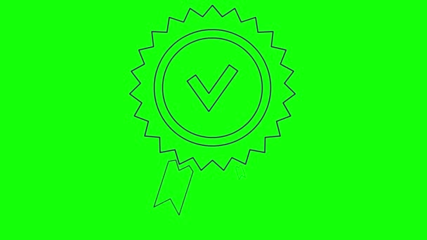 品質マークのアニメーションヴァイオレットリニアシンボル 品質サイン 承認またはライン認定アイコン 緑色の背景に分離されたベクトルイラスト — ストック動画