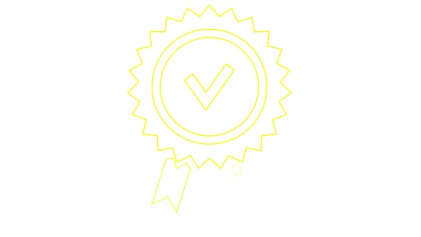 品質マークのアニメーションイエローリニアシンボル 品質サイン 承認またはライン認定アイコン 白い背景に隔離されたベクトルイラスト — ストック動画
