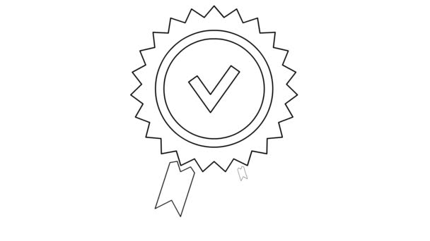 品質マークのアニメーションイエローブラックリニアシンボル 品質サイン 承認またはライン認定アイコン 白い背景に隔離されたベクトルイラスト — ストック動画
