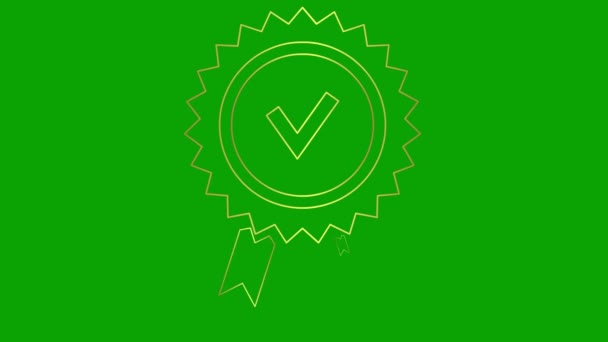 品質マークのアニメーションされた黄金線形シンボル 品質サイン 承認またはライン認定アイコン 緑色の背景に分離されたベクトルイラスト — ストック動画