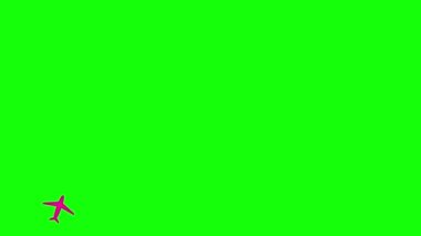 Animasyon eflatun uçak yörünge boyunca uçar. Uçak yolculuğu, yolculuk, yolculuk, tur. Döngülü video. Pembe vektör çizimi yeşil arkaplanda izole edildi.