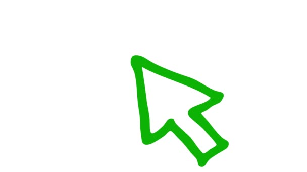 マウスカーソルのアニメーショングリーンシンボル レイズクリックで矢印 スケッチスタイルのアイコン 手描きベクターイラストを白背景に分離 — ストック動画