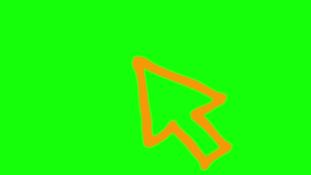 マウスカーソルのアニメーションオレンジのシンボル レイズクリックで矢印 スケッチスタイルのアイコン 手描きベクターイラストを緑色の背景に分離 — ストック動画