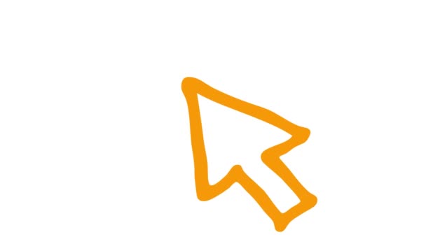 マウスカーソルのアニメーションオレンジのシンボル レイズクリックで矢印 スケッチスタイルのアイコン 手描きベクターイラストを白背景に分離 — ストック動画