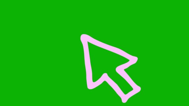 マウスカーソルのアニメーションピンクのシンボル レイズクリックで矢印 スケッチスタイルのアイコン 手描きベクターイラストを緑色の背景に分離 — ストック動画