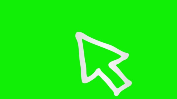 マウスカーソルのアニメーションシンボル レイズクリックで矢印 スケッチスタイルのアイコン 手描きベクターイラストを緑色の背景に分離 — ストック動画