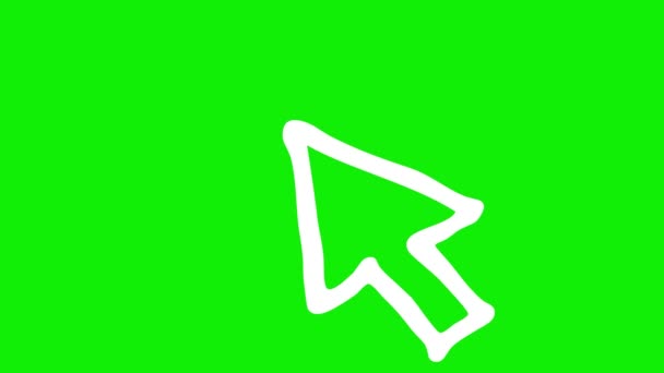 マウスカーソルのアニメーションされた白いシンボル レイズクリックで矢印 スケッチスタイルのアイコン 手描きベクターイラストを緑色の背景に分離 — ストック動画