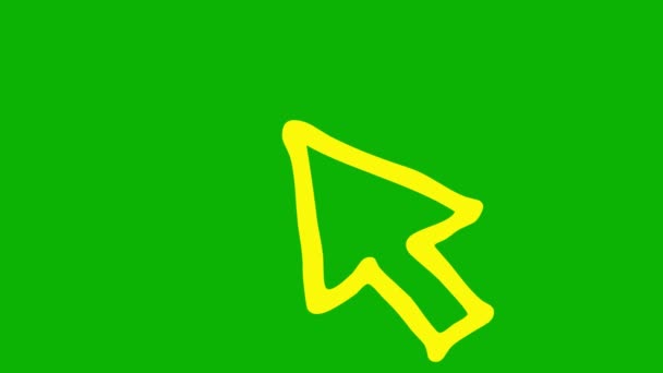 マウスカーソルのアニメーションされた黄色いシンボル レイズクリックで矢印 スケッチスタイルのアイコン 手描きベクターイラストを緑色の背景に分離 — ストック動画
