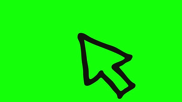 マウスカーソルのアニメーションブラックシンボル レイズクリックで矢印 スケッチスタイルのアイコン 手描きベクターイラストを緑色の背景に分離 — ストック動画
