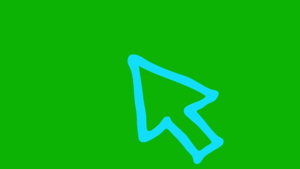 マウスカーソルのアニメーションブルーシンボル レイズクリックで矢印 スケッチスタイルのアイコン 手描きベクターイラストを緑色の背景に分離 — ストック動画