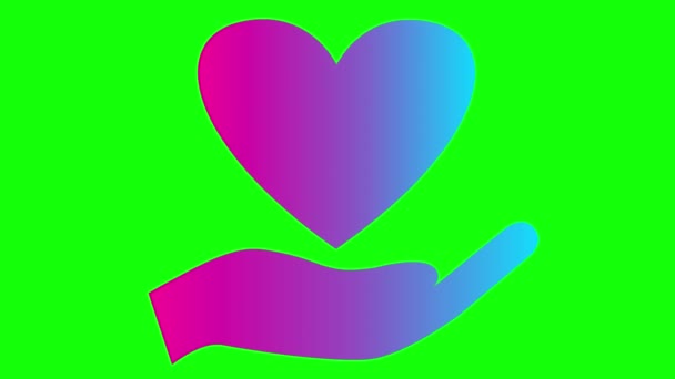 手のひらにピンクの青いポンディングハートをアニメーションしました ハートビートのループビデオ チャリティー 医学の概念 緑の背景に隔離されたベクトルイラスト — ストック動画