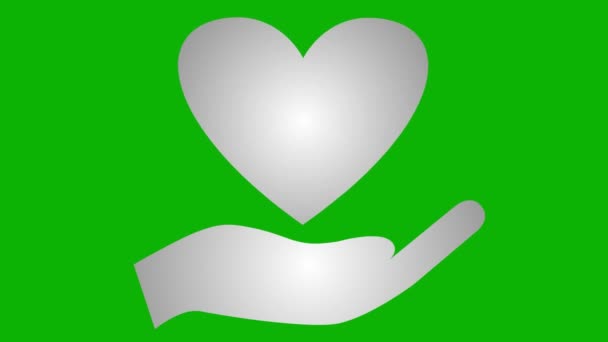 アニメーションシルバー パームの心臓 ハートビートのループビデオ チャリティー 医学の概念 緑の背景に隔離されたベクトルイラスト — ストック動画
