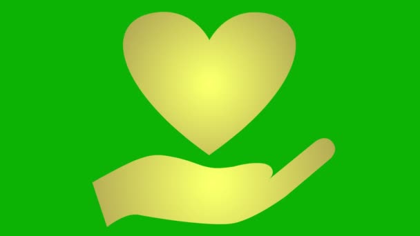 手のひらに描かれた黄金のポンディングハート ハートビートのループビデオ チャリティー 医学の概念 緑の背景に隔離されたベクトルイラスト — ストック動画