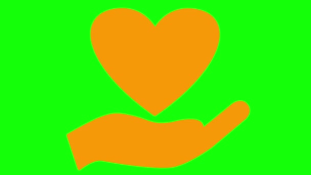活跃的橙色心脏在手掌上跳动 循环视频的心脏跳动 医药的概念 在绿色背景上孤立的矢量图 — 图库视频影像
