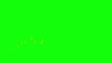 Canlandırılmış turuncu notalar soldan sağa doğru uçar. Bir nota dalgası. Müzik anlayışı. Vektör illüstrasyonu yeşil arkaplanda izole edildi.