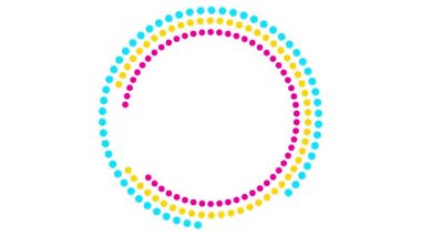 Renkli renkli dairesel çerçeve dönüşleri. Noktalı çemberin çok renkli sembolü döner. Uzayı metin için kopyala. Vektör illüstrasyonu beyaz arkaplanda izole edildi.