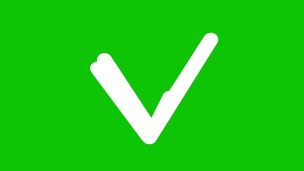 マーカーで描かれたチェックマークのアニメーションホワイトアイコン 手書きの記号が表示されます 緑の背景に独立したベクトル図 — ストック動画