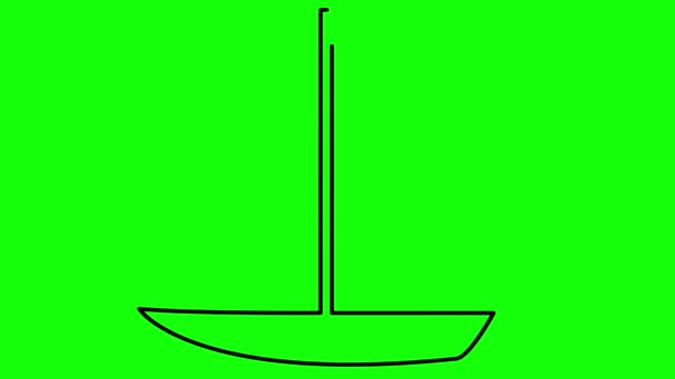 アニメの黒いヨットが描かれています セーリングボートのリニアシンボル レクリエーション レガッタの概念 ループされたビデオ 緑の背景に単離された線ベクトルイラスト — ストック動画