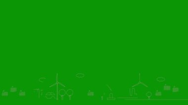 Yeşil Enerji Şehri 'nin canlı doğrusal pembe simgesi. Çizgi sembolleri çizildi. Sürdürülebilirlik kavramı, çevre, yenilenebilir enerji, yeşil teknoloji. Resim yeşil arkaplanda izole edildi. 