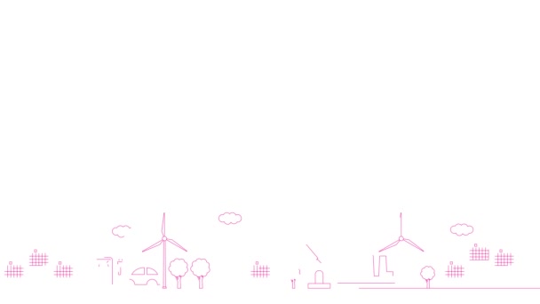 緑のエネルギー都市のアニメーションリニアピンクのアイコン ラインマゼンタのシンボルが描かれています 持続可能性 再生可能エネルギー グリーン技術のコンセプト 白い背景に隔離されたイラスト — ストック動画