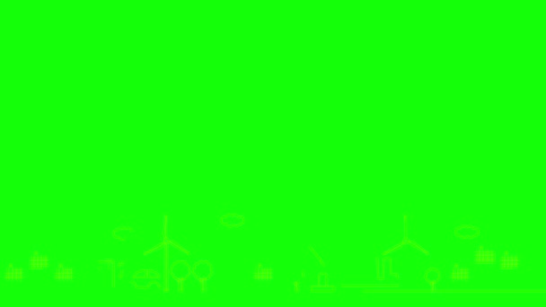 緑のエネルギー都市のアニメーションリニアオレンジのアイコン ラインシンボルが描かれています 持続可能性 再生可能エネルギー グリーン技術のコンセプト 緑の背景に単離されたイラスト — ストック動画