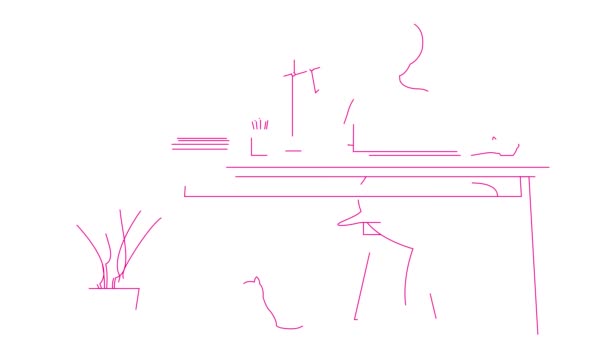 Анимированная Розовая Женщина Работает Компьютером Дома Фигурные Символы Линии Нарисованы — стоковое видео