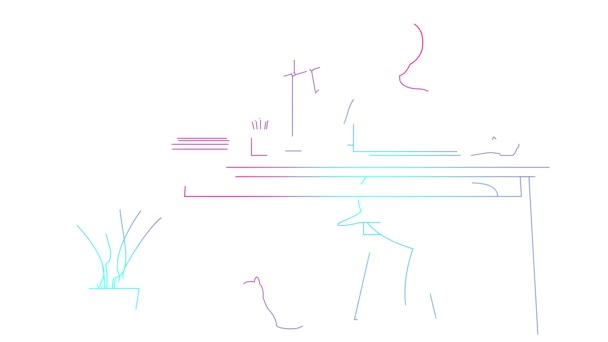 动画般的粉色蓝色女人在家里的电脑上工作 线条符号被画了出来 在家工作的录像 远程工作 电子通勤 工作场所的概念 在白色背景上孤立的向量图 — 图库视频影像