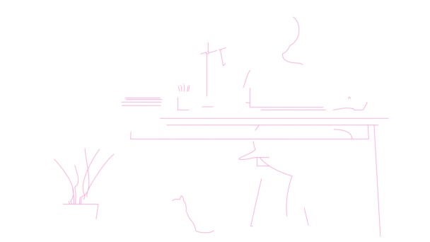 Mulher Rosa Linear Animado Trabalha Computador Casa Símbolos Linha Desenhado — Vídeo de Stock