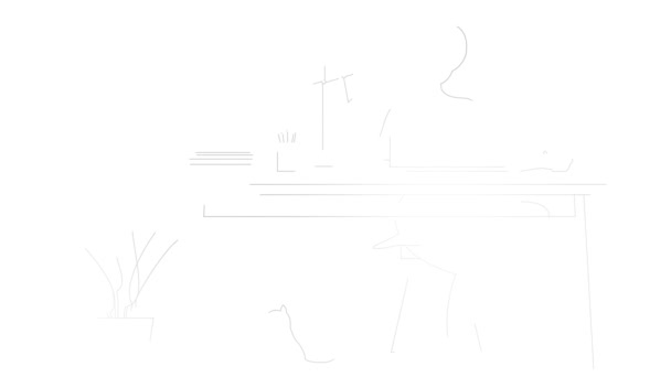 Анимированная Линейная Серебристая Женщина Работает Компьютером Дома Символы Линии Нарисованы — стоковое видео