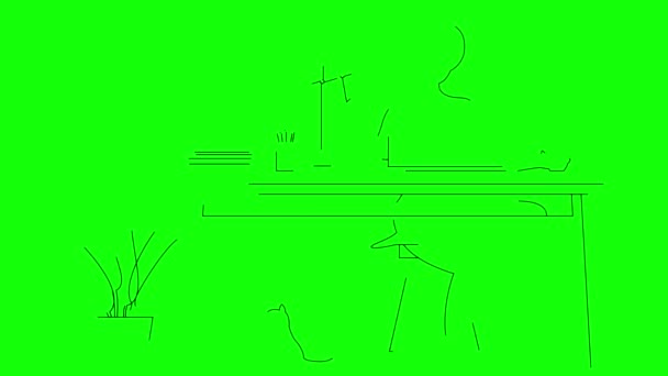Анимированная Линейная Чёрная Женщина Работает Компьютером Дома Символы Линии Нарисованы — стоковое видео