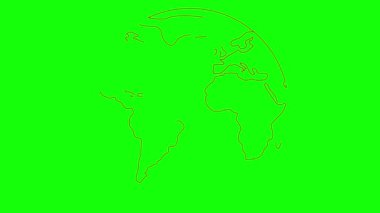Animasyon kırmızı sembollü küre çiziliyor. Yavaş yavaş bir Dünya gezegeni çiziyor. Seyahat, internet, ekoloji, küreselleşme, ağ kavramı. Vektör illüstrasyonu yeşil arkaplanda izole edildi.