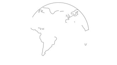 Animasyon doğrusal siyah sembol küre çizilir. Yavaş yavaş bir Dünya gezegeni çiziyor. Seyahat, internet, ekoloji, küreselleşme, ağ kavramı. Vektör illüstrasyonu beyaz arkaplanda izole edildi.