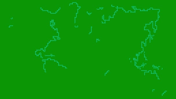 从点图上绘制的动画蓝色世界地图 线形符号是逐渐画出的 旅行的概念 互联网 在绿色背景上孤立的向量图 — 图库视频影像