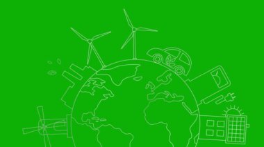 Gezegen etrafında yeşil enerji şehrinin canlı doğrusal gümüş simgesi. Çizgi sembolleri. Sürdürülebilirlik kavramı, çevre, yenilenebilir enerji, yeşil teknoloji. Resim yeşil arkaplanda izole edildi. 