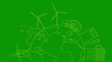 Gezegen çevresinde yeşil enerji şehrinin çizgi sarı simgesi. Çizgi sembolü Sürdürülebilirlik kavramı, çevre, yenilenebilir enerji, yeşil teknoloji. Resim yeşil arkaplanda izole edildi. 