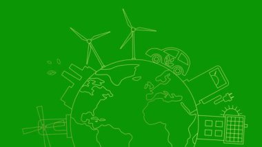 Gezegen çevresinde yeşil enerji şehrinin hareketli altın ikonu. Çizgi sembolü Sürdürülebilirlik kavramı, çevre, yenilenebilir enerji, yeşil teknoloji. Resim yeşil arkaplanda izole edildi. 