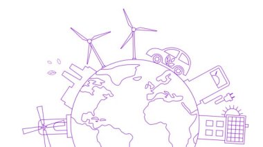 Gezegen etrafında yeşil enerji şehrinin canlı doğrusal mor simgesi. Çizgi sembolü Sürdürülebilirlik kavramı, çevre, yenilenebilir enerji, yeşil teknoloji. Resimler beyaz arkaplanda izole edildi. 