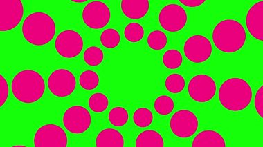 Animasyonlu mor noktalar merkezden daireler çiziyor. Kopya alanı olan soyut pembe arkaplan. Döngülü video. Vektör illüstrasyonu yeşil arkaplanda izole edildi.