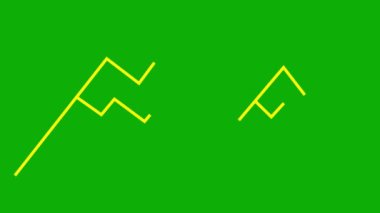 Animasyon sarı doğrusal dağlar yavaş yavaş çizilir. Dağın çizgi sembolü. Kaya ikonu. Seyahat, yürüyüş, macera, gezi, tatil, doğa, aşırı, başarı. Vektör illüstrasyonu yeşil arkaplanda izole edildi.