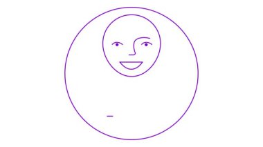 Kızın canlı mor çizgisel sembolü çizilir. Gülümseyen kadın ikonu. İnsanlardan iz var. Döngülü video. Vektör illüstrasyonu beyaz arkaplanda izole edildi.
