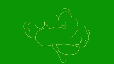 Beynin çizgisel altın sembolü. Simge yavaş yavaş çizilir. Fikir kavramı, yaratıcılık, zeka, eğitim, akıl sağlığı. Çizgi vektör çizimi yeşil arkaplanda izole edildi.