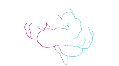 Beynin çizgisel pembe sembolü. Simge yavaş yavaş çizilir. Fikir kavramı, yaratıcılık, zeka, eğitim, akıl sağlığı. Çizgi vektör çizimi beyaz arkaplanda izole edildi.