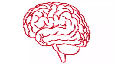 Beynin canlı doğrusal kırmızı sembolü. Simge titriyor. Fikir kavramı, yaratıcılık, zeka, eğitim, akıl sağlığı. Çizgi vektör çizimi beyaz arkaplanda izole edildi.