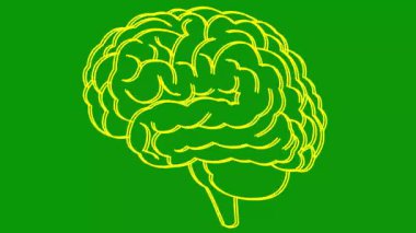 Beynin çizgisel sarı sembolü. Simge titriyor. Fikir kavramı, yaratıcılık, zeka, eğitim, akıl sağlığı. Çizgi vektör çizimi yeşil arkaplanda izole edildi.