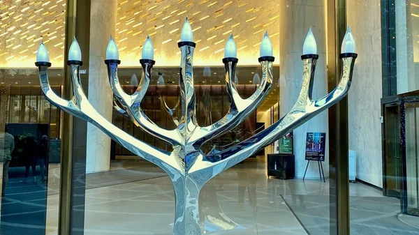 New York Usa Dec 2022 Beautifully Sculpted Menorah Stands One — Stock Photo, Image