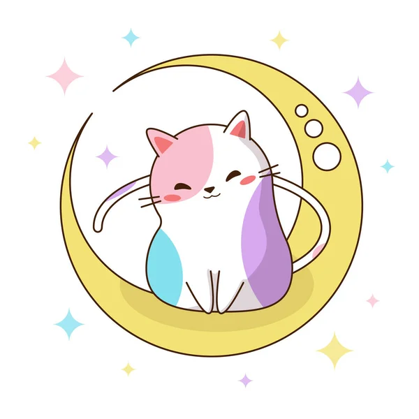 パステルカラーの月のかわいい猫 グリーティングカードやプリントに最適です ベクトル画像 — ストックベクタ