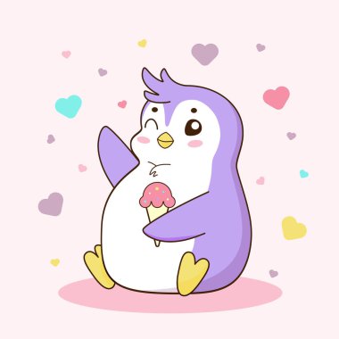 Dondurmalı tatlı penguen, pastel renkli. Tebrik kartı ve tişört baskısı için mükemmel. Vektör illüstrasyonu.