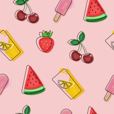 Suluboya tarzında meyveli vektör yaz deseni.