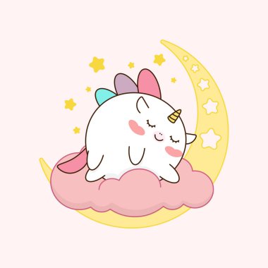 Çizgi film tarzında uyuyan tek boynuzlu atın vektör görüntüsü.